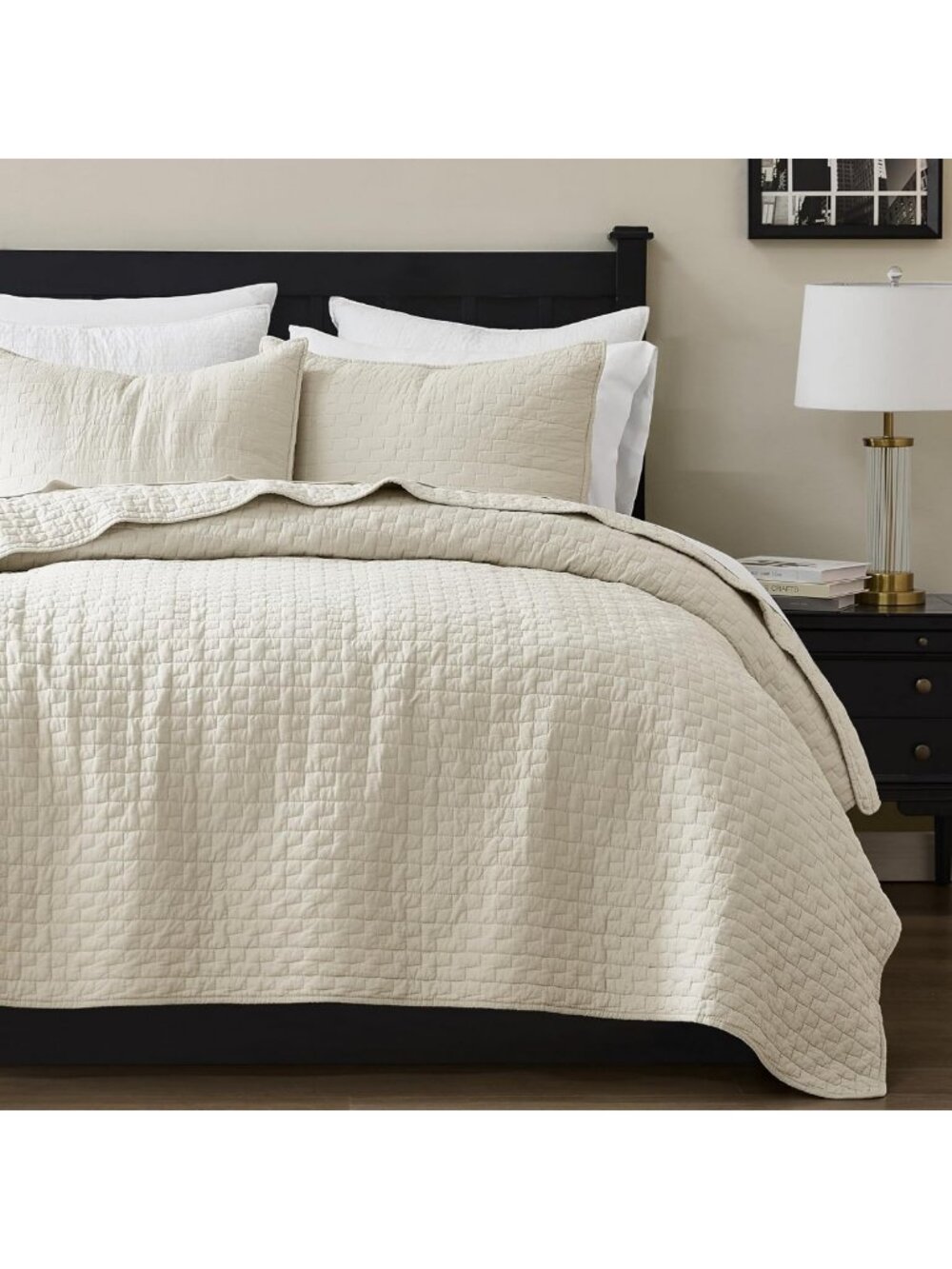 Beige 100% Cotton King Quilt Set - Lightweight Soft Bedspread & 2 Pillow Shams